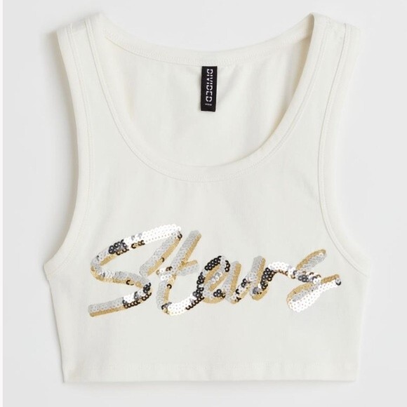 H+M Crop Top Women’s Large White with Sequins Stars Summer Trend Outfit Shirt A2 - Picture 1 of 5
